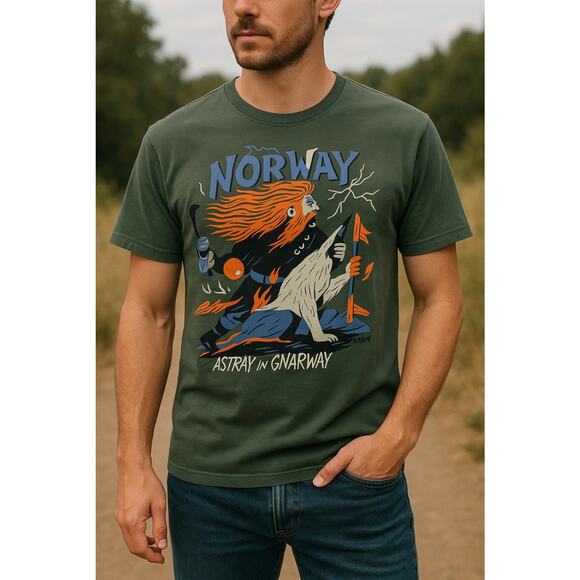 Huckberry Roark T-Shirt Mens Large Green Norway Astray In Gnarway - Picture 1 of 10